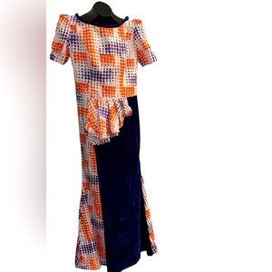 Vintage blue velvet pattern Maxi party dress Sz XL